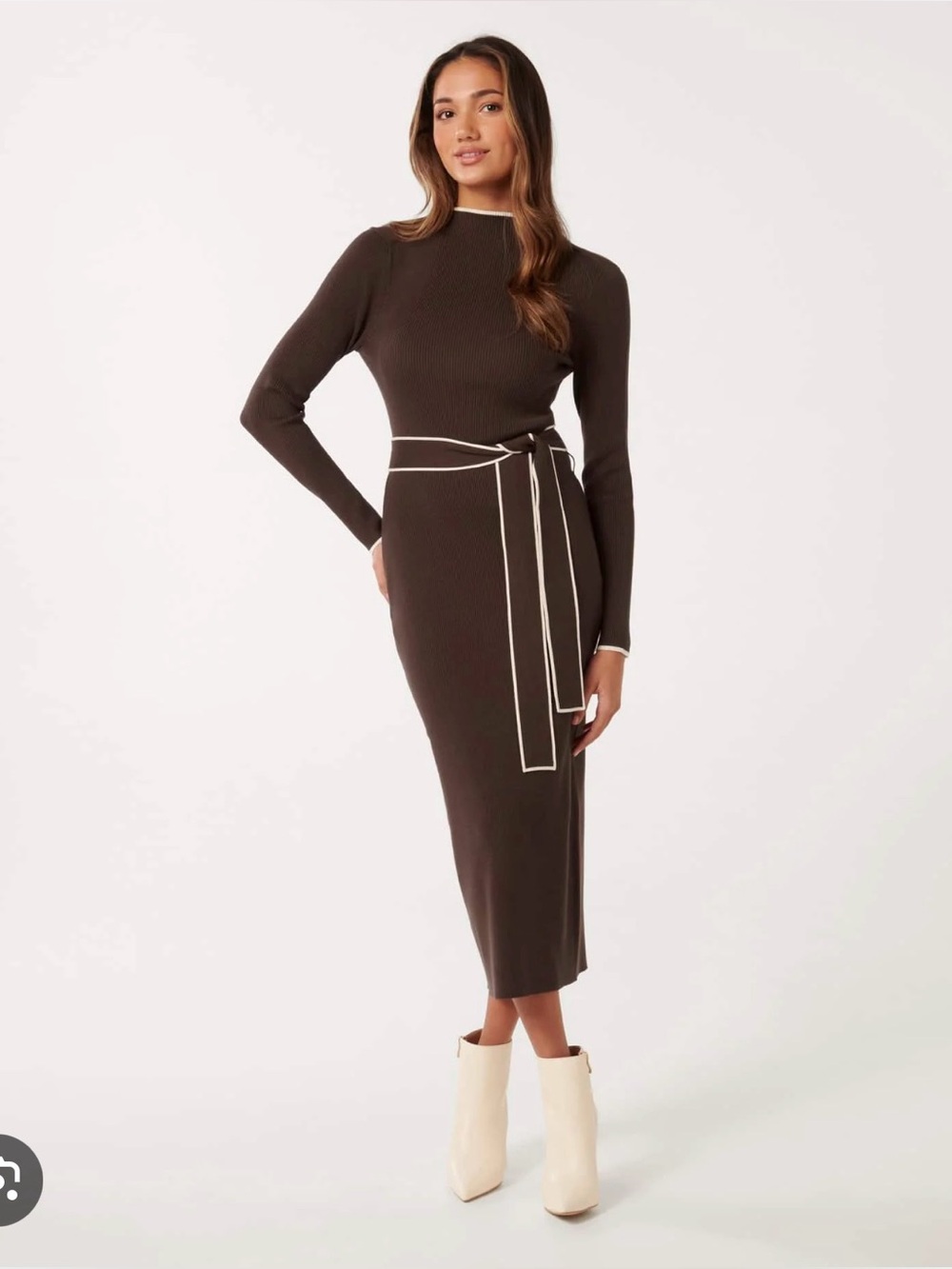 Ever New Brown Rib Knit Dress with Cream Trim